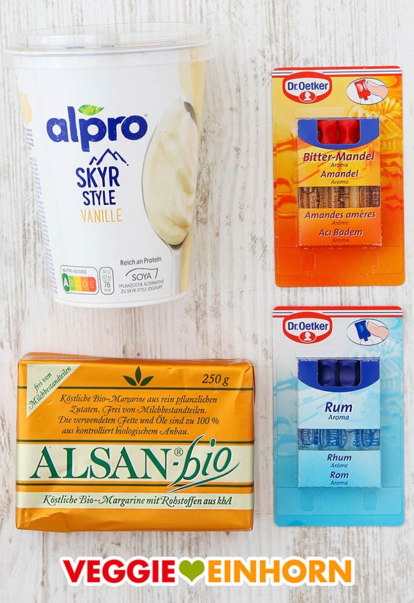 Alpro Skyr Style Vanille (veganer Quark), Alsan Margarine, Backaroma