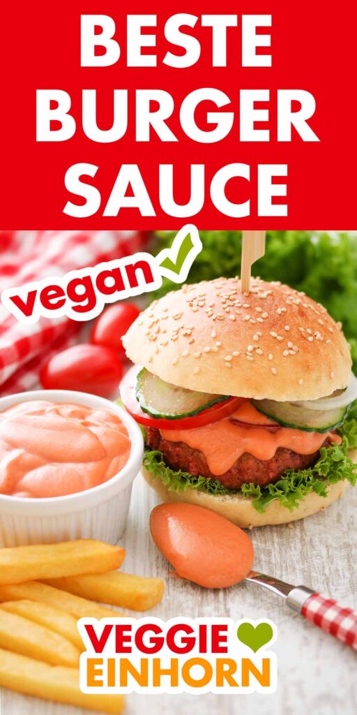 Ein Burger mit veganer Sauce und Pommes