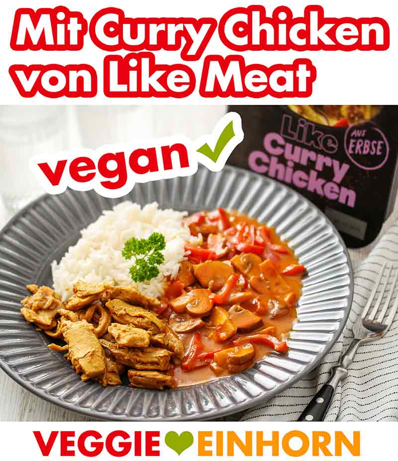 Ein Teller mit Paprika Curry und veganem Hähnchenfleisch von Like Meat