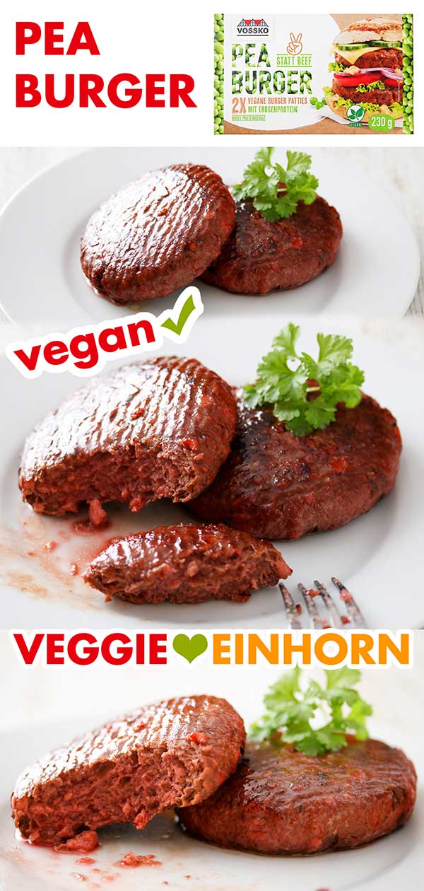 Zwei gebratene Pea Burger Patties auf einem Teller