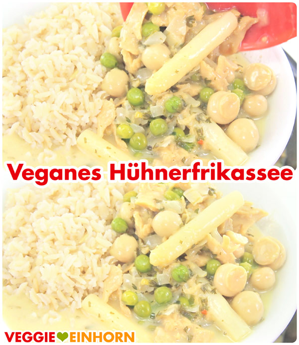 Das vegane Hühnerfrikassee mit Reis auf einem Teller