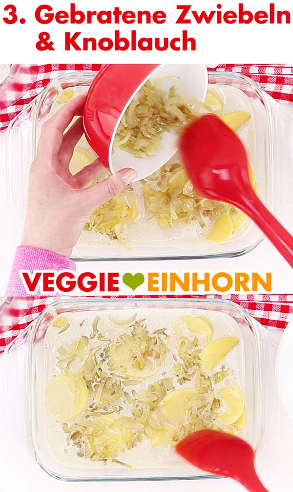 Veganes Kartoffelgratin mit gebratenen Zwiebeln und Knoblauch