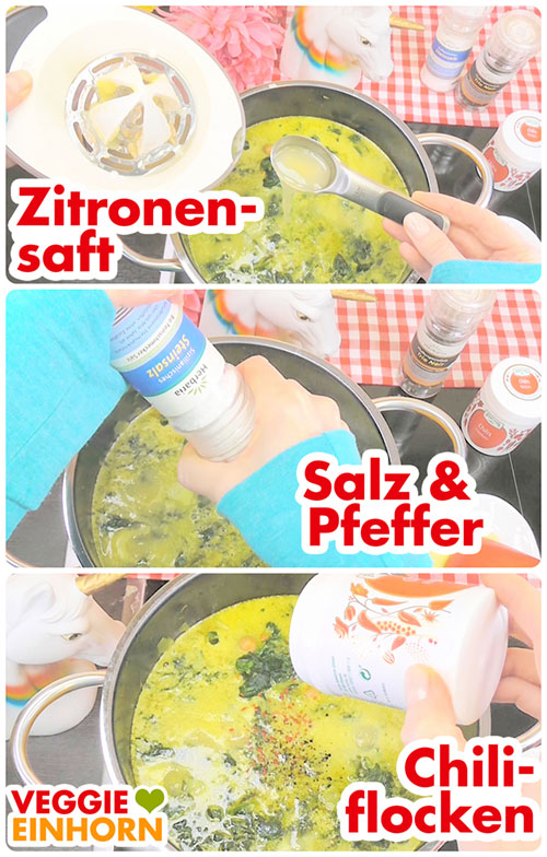 Zitronensaft, Salz und Pfeffer, Chiliflocken