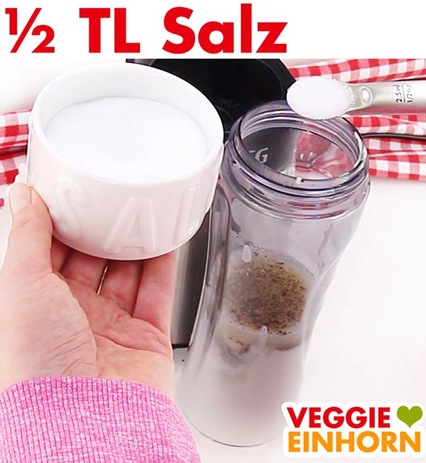 Veganes Tahin Joghurt Dressing würzen mit Salz