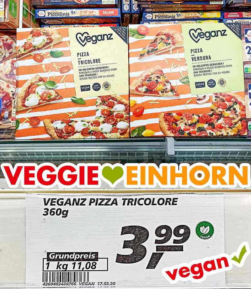 Vegane Tiefkühlpizza von Veganz in der Tiefkühltruhe im Supermarkt