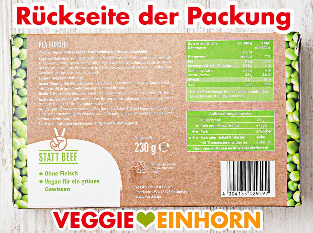 Rückseite der Verpackung Vossko Pea Burger