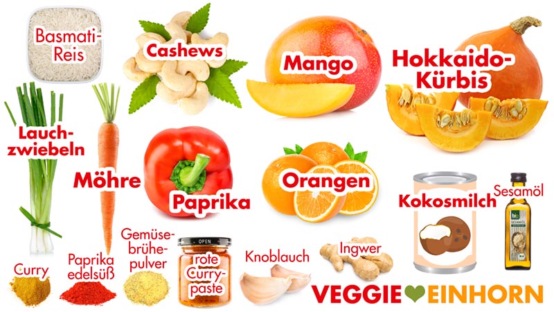 Zutaten Hokkaido-Kürbis, Möhre, Paprika und Mango