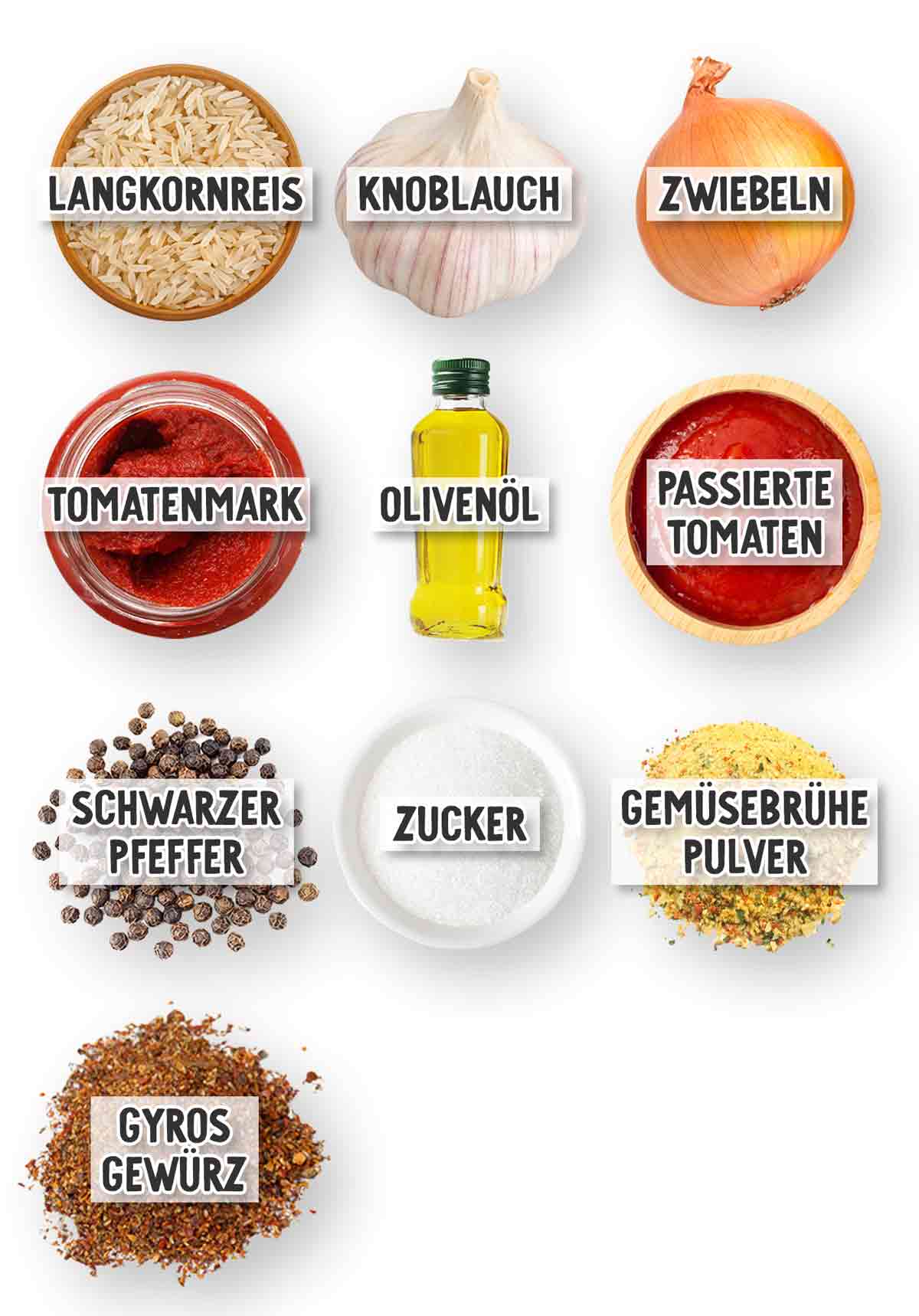 Zutaten für Tomatenreis nebeneinander angeordnet: Langkornreis, Knoblauch, Zwiebel, Tomatenmark, Olivenöl, passierte Tomaten, schwarzer Pfeffer, Zucker, Gemüsebrühepulver und Gyrosgewürz – jeweils mit Beschriftung.