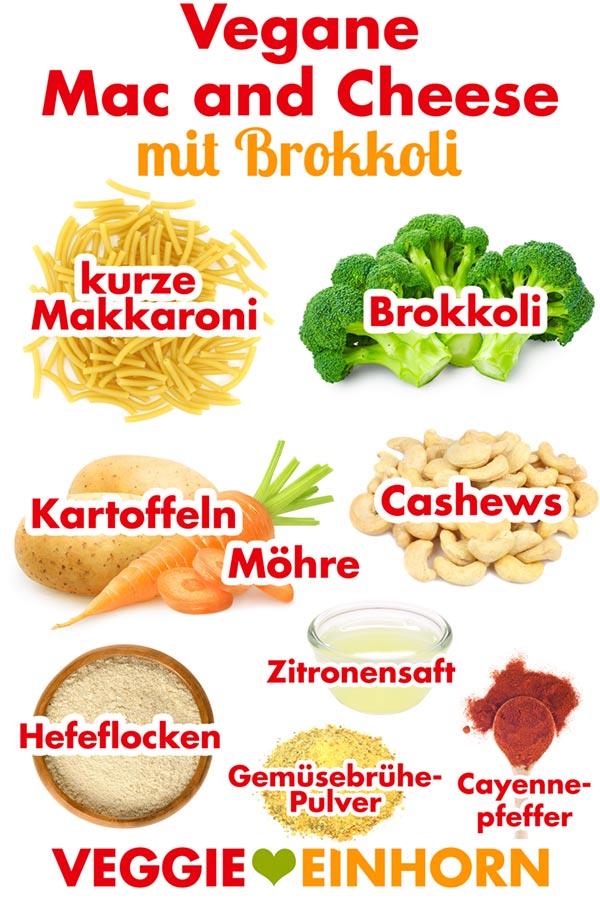 Zutaten für veganes Mac and Cheese mit Brokkoli