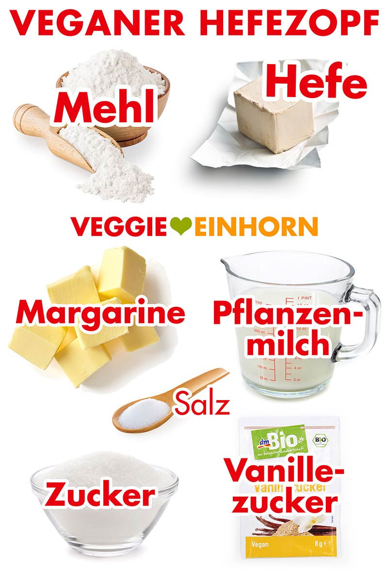 Mehl, Hefe, Margarine, Pflanzenmilch, Salz, Zucker, Vanillezucker