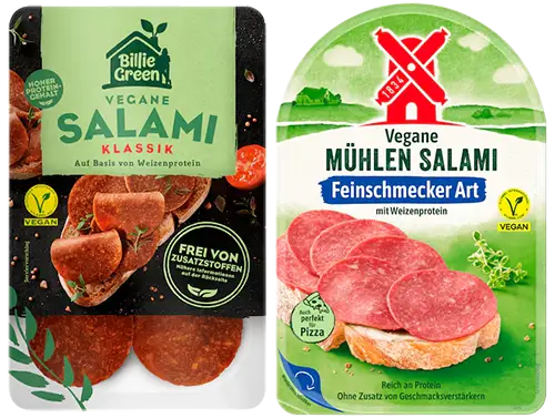 Zwei Packungen vegane Salami aus Weizenprotein, links die Billie Green Vegane Salami Klassik und rechts die Rügenwalder Mühle Vegane Mühlen Salami Feinschmecker Art.