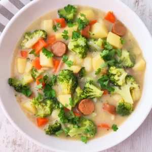 Ein Teller cremiger veganer Gemüseeintopf mit Kartoffeln, Brokkoli, Möhren und veganen Wiener Würstchen, bestreut mit frischer Petersilie.