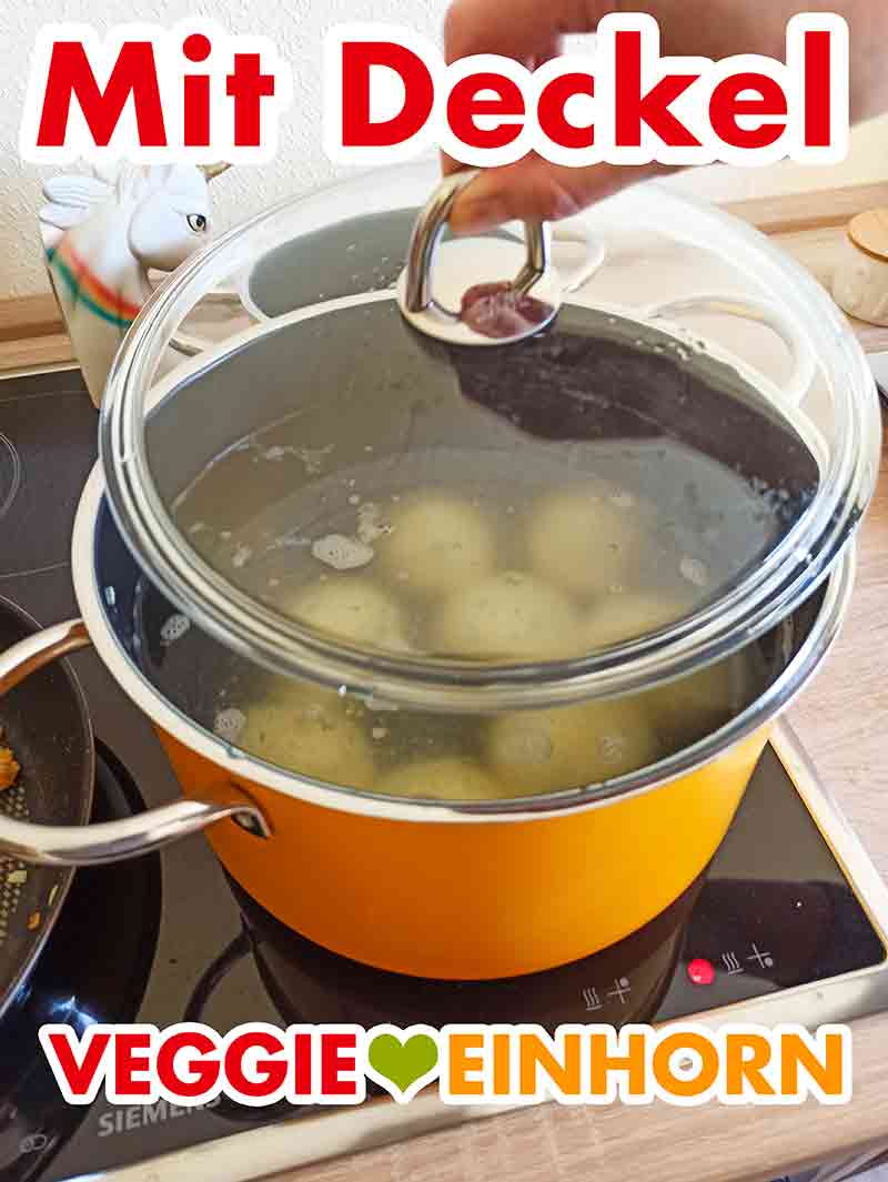 Der Topfdeckel wird auf den Topf gesetzt. Der Deckel wird auf den Topf mit den Knödeln gesetzt.
