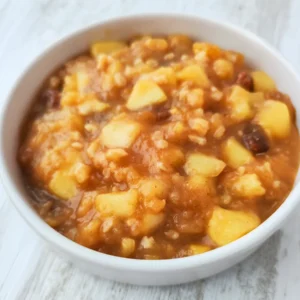 Weiße Schüssel mit Bratapfelsoße mit Apfelstückchen, gehackten Mandeln und Rosinen auf hellem Untergrund.