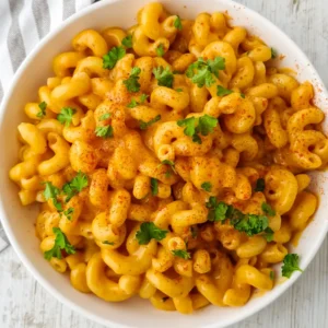 Vegane Mac and Cheese auf einem weißen Teller, garniert mit Paprikapulver und gehackter Petersilie.