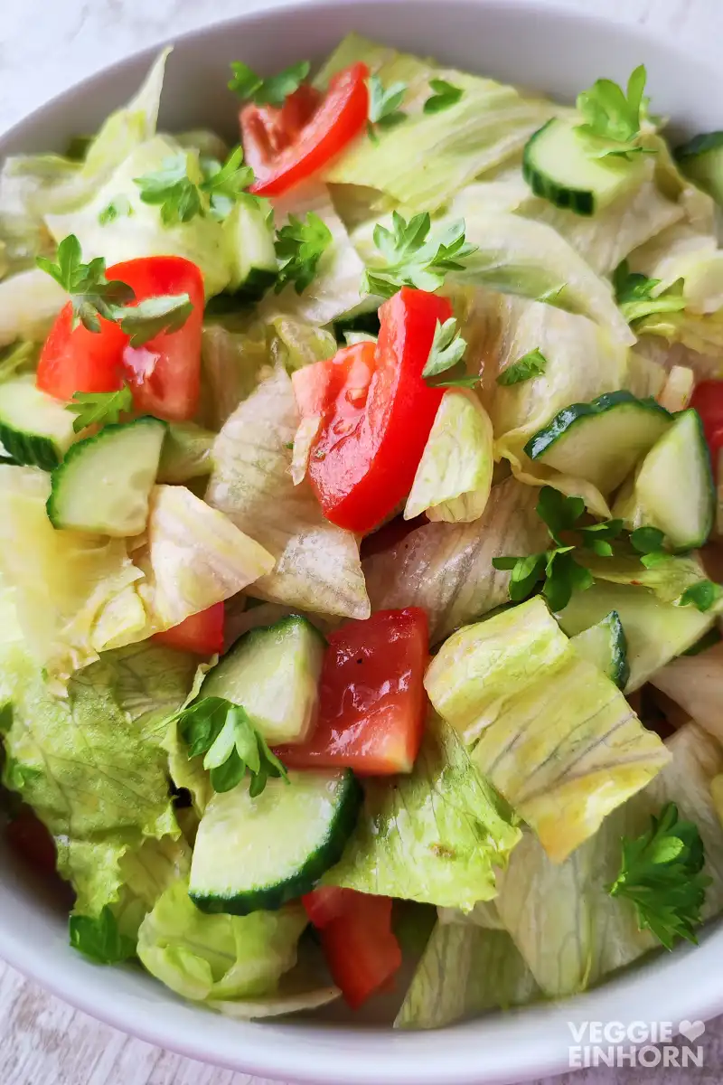 Nahaufnahme von einem weißen Teller voller frischem Eisbergsalat mit Gurkenstücken, Tomaten und Petersilienblättern.