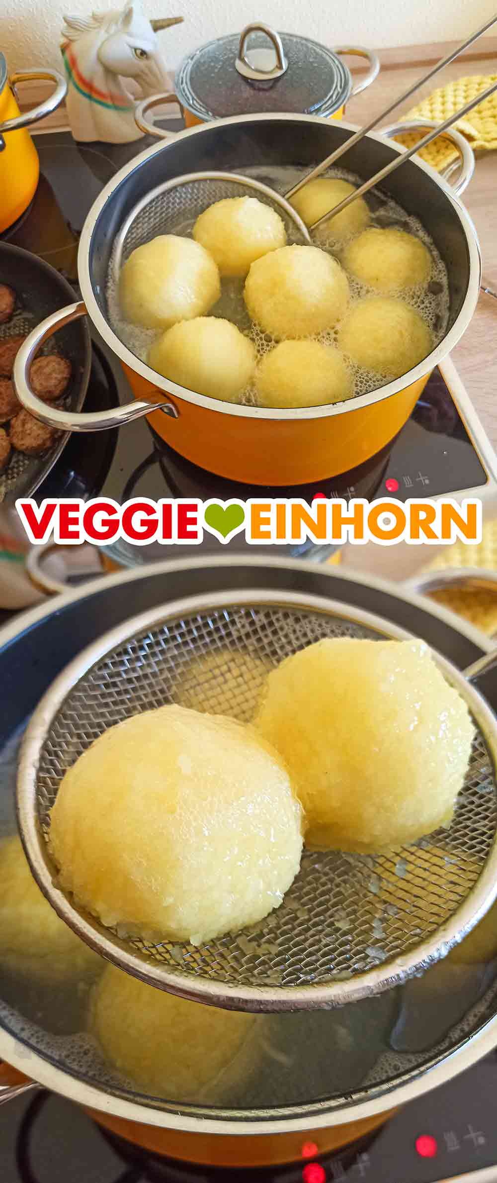 Die fertigen veganen Knödel mit einer Schaumkelle aus dem Topf nehmen. Die gegarten veganen Sonntagsknödel werden aus dem Kochwasser genommen.