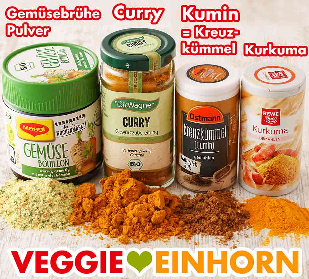 Gemüsebrühe Pulver, Curry, gemahlener Kreuzkümmel, Kurkuma