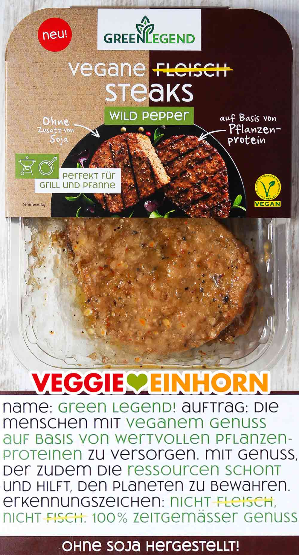Vorderseite der Packung Green Legend Vegane Fleisch Steaks Wild Pepper