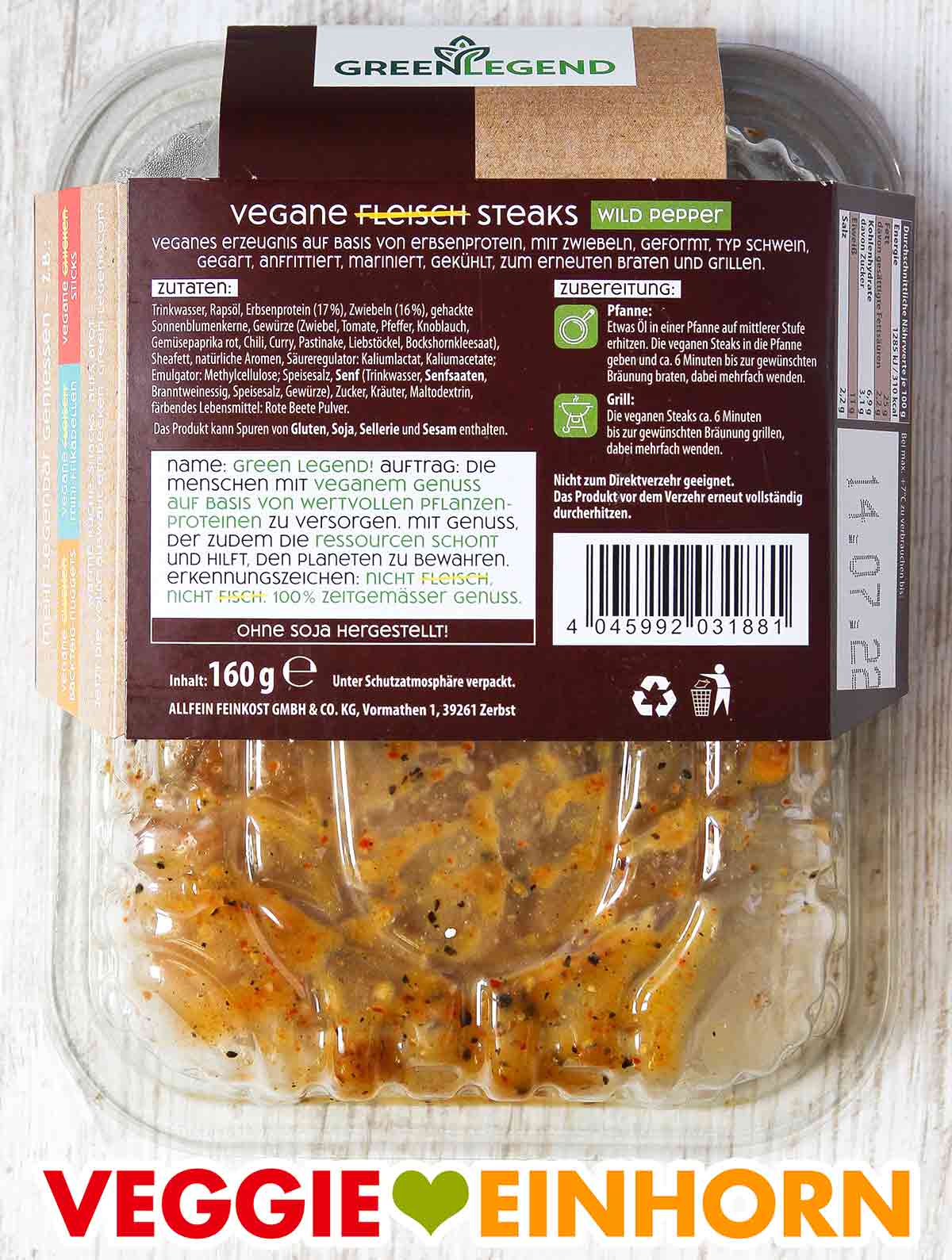 Rückseite der Packung Vegane Fleisch Steaks Wild Pepper von Green Legend