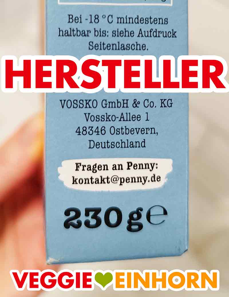 Herstellerangabe Vossko GmbH auf der Packung der veganen TK-Burger von Penny