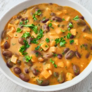 Ein Teller veganer Kartoffeleintopf mit Kidneybohnen, veganer Fleischwurst und frischer Petersilie.