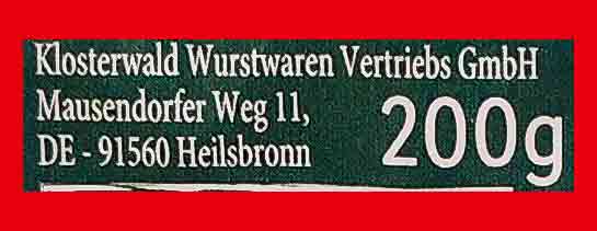 Klosterwald Wurstwaren Vertriebs GmbH, Mausendorfer Weg 11, 91560 Heilsbronn