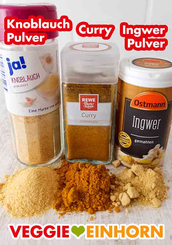Knoblauchpulver, Currypulver und Ingwerpulver
