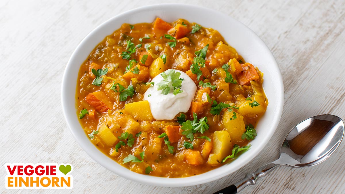 Veganer Kürbis Kartoffel Eintopf mit Lauch