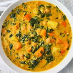 Eine weiße Schüssel ist mit einem cremigen Kürbis Kichererbsen Eintopf gefüllt, in dem Spinat, Kartoffeln und orangefarbene Kürbisstücke zu sehen sind.