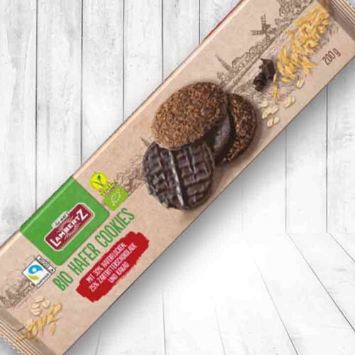 Eine Packung Lambertz Bio Hafer Cookies Zartbitter