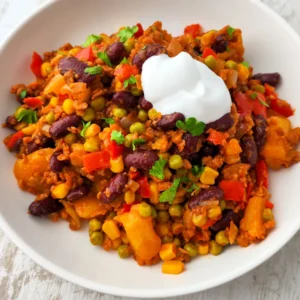 Vegane mexikanische Kartoffelpfanne mit Kidneybohnen, Mais, Erbsen, Paprika und veganem Hack, serviert auf einem weißen Teller und mit einem Klecks veganer Crème fraîche garniert.