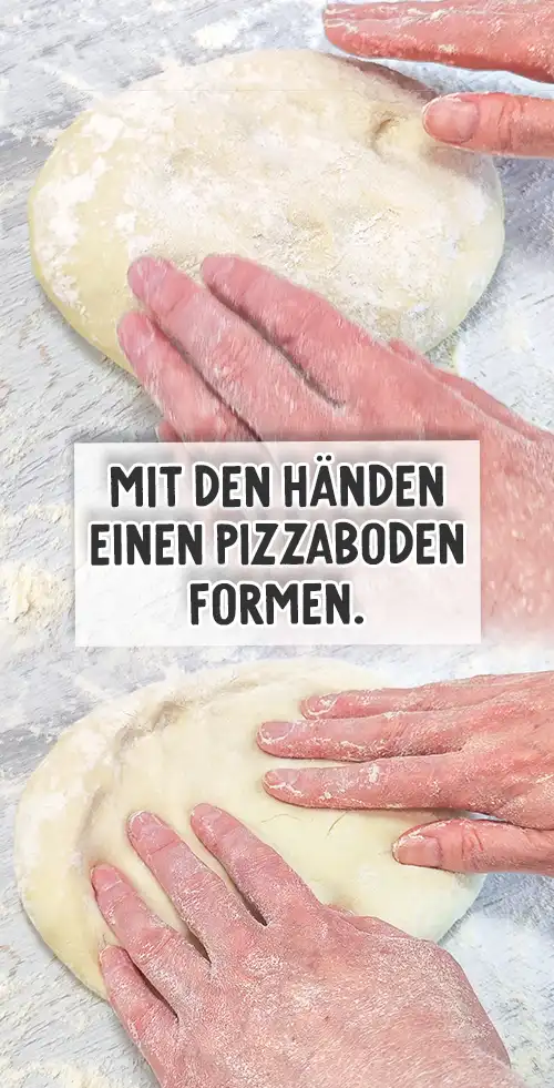Zwei Hände drücken und ziehen einen aufgegangenen Teig auf einer bemehlten Arbeitsfläche auseinander, um daraus einen runden Pizzaboden zu formen.