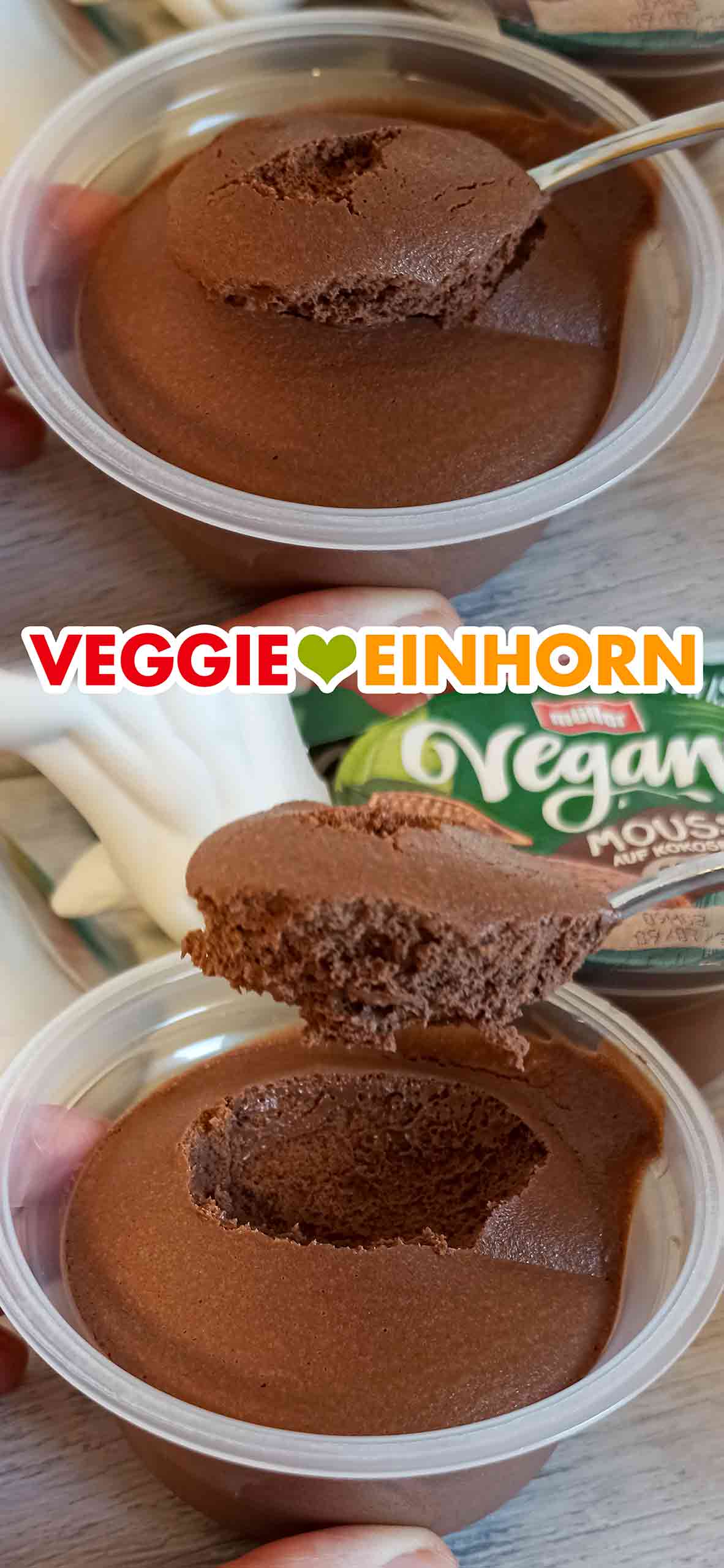 Das vegane Schoko Mousse von Müller wird mit einem Dessertlöffel aus dem Becher entnommen.
