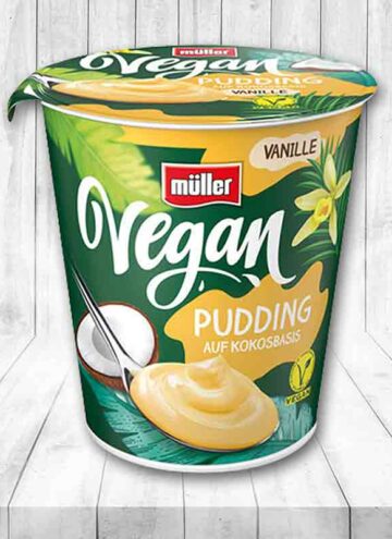 Ein Becher Müller Vegan Pudding Vanille