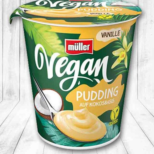 Ein Becher Müller Vegan Pudding Vanille
