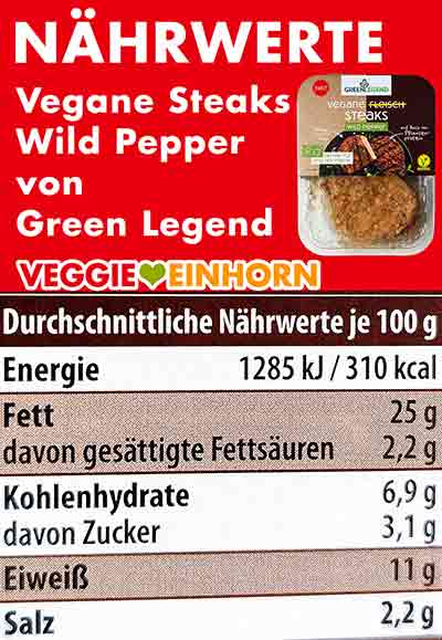 Nährwerte der veganen Steaks Wild Pepper von Green Legend 