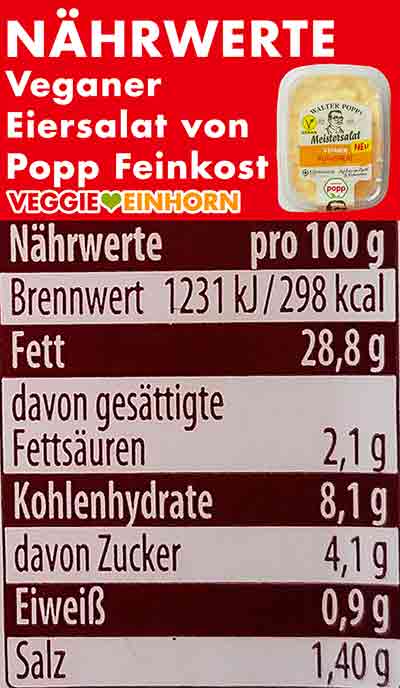 Nährwerte des veganen Eiersalates von Popp Feinkost