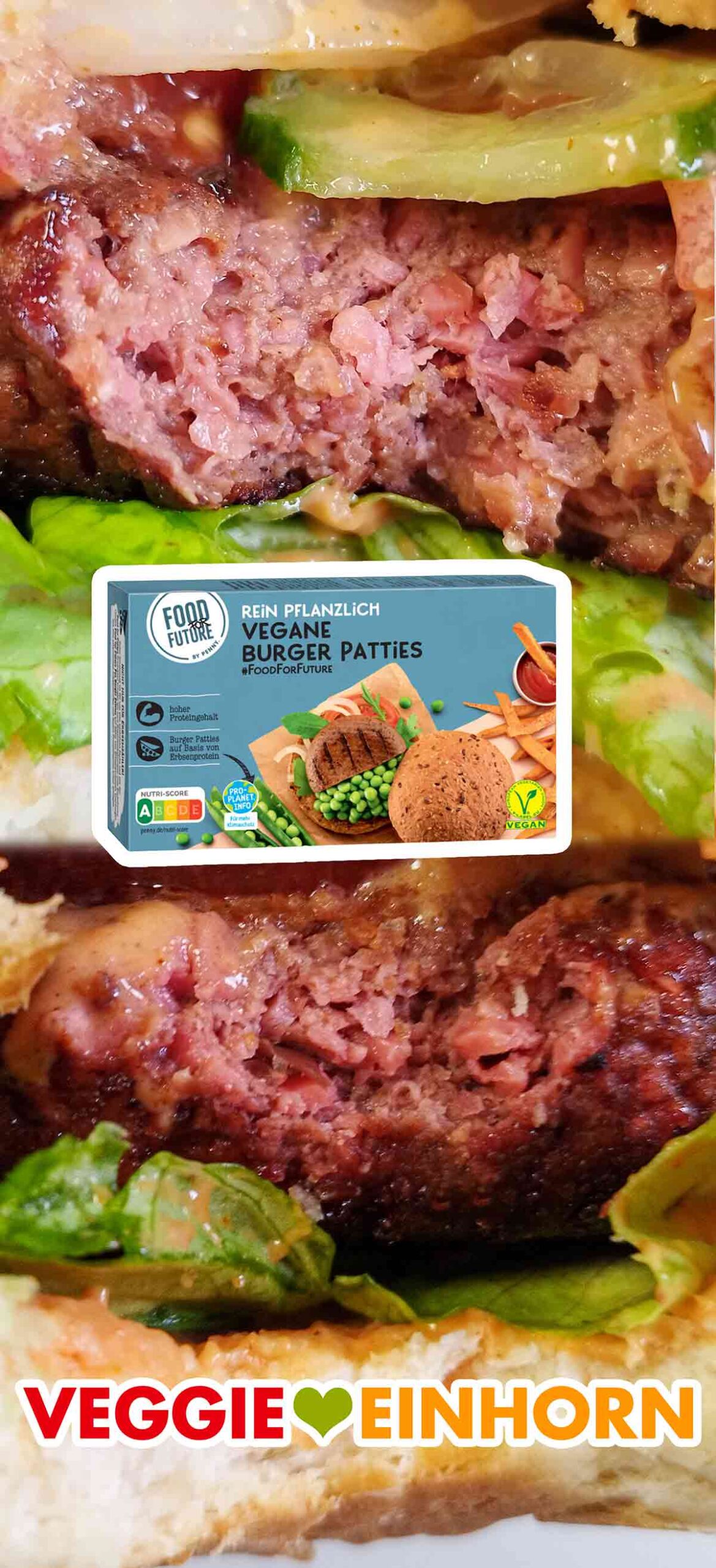 Nahaufnahme des angebissenen veganen Burger patties von Penny