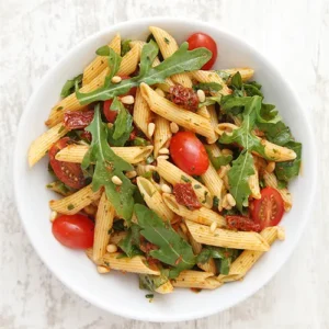 Nudelsalat mit Pesto fertig angerichtet