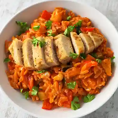 Orzo-Gemüsepfanne mit veganem Hähnchenfilet auf einem weißen Teller.