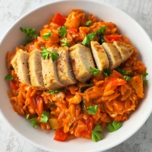 Ein Teller mit Orzo-Pfanne mit Gemüse, dazu in Scheiben geschnittenes veganes Zitronenhähnchen und frische Petersilie als Garnitur.