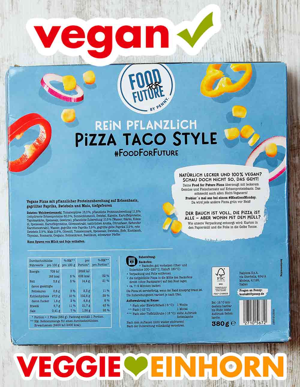 Rückseite der Packung der veganen Fertigpizza Taco Style von Penny