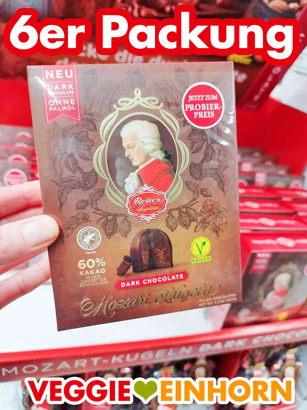 Geschenkverpackung mit 6 Reber Dark Chocolate Mozartkugeln