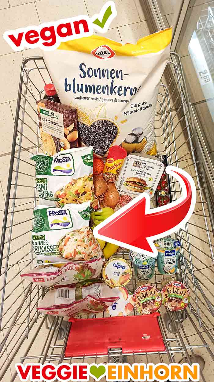 Einkaufswagen im Supermarkt mit veganen Lebensmitteln und veganen Fertiggerichten von Frosta