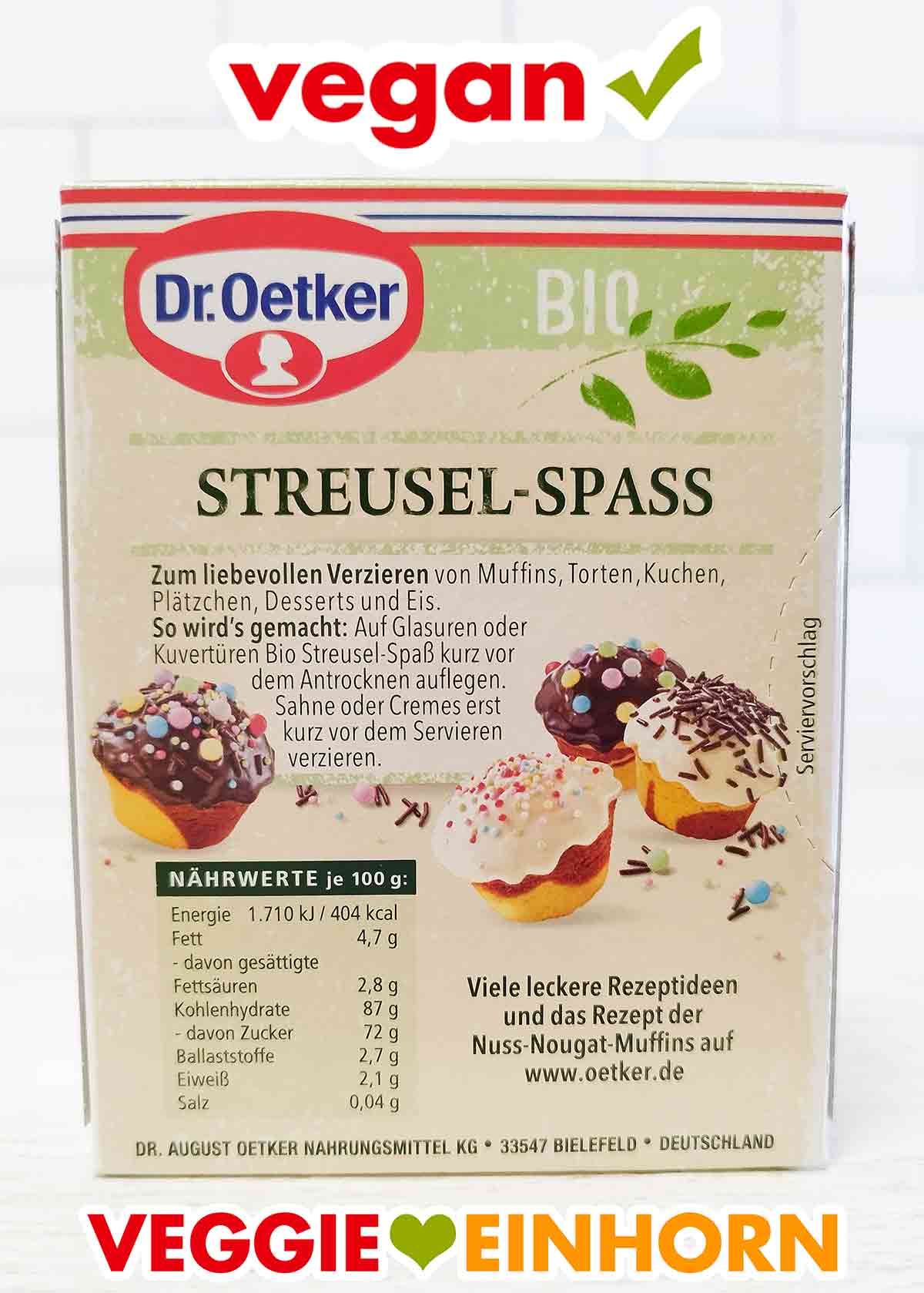 Rückseite der Schachtel Dr. Oetker Bio Streusel-Spaß