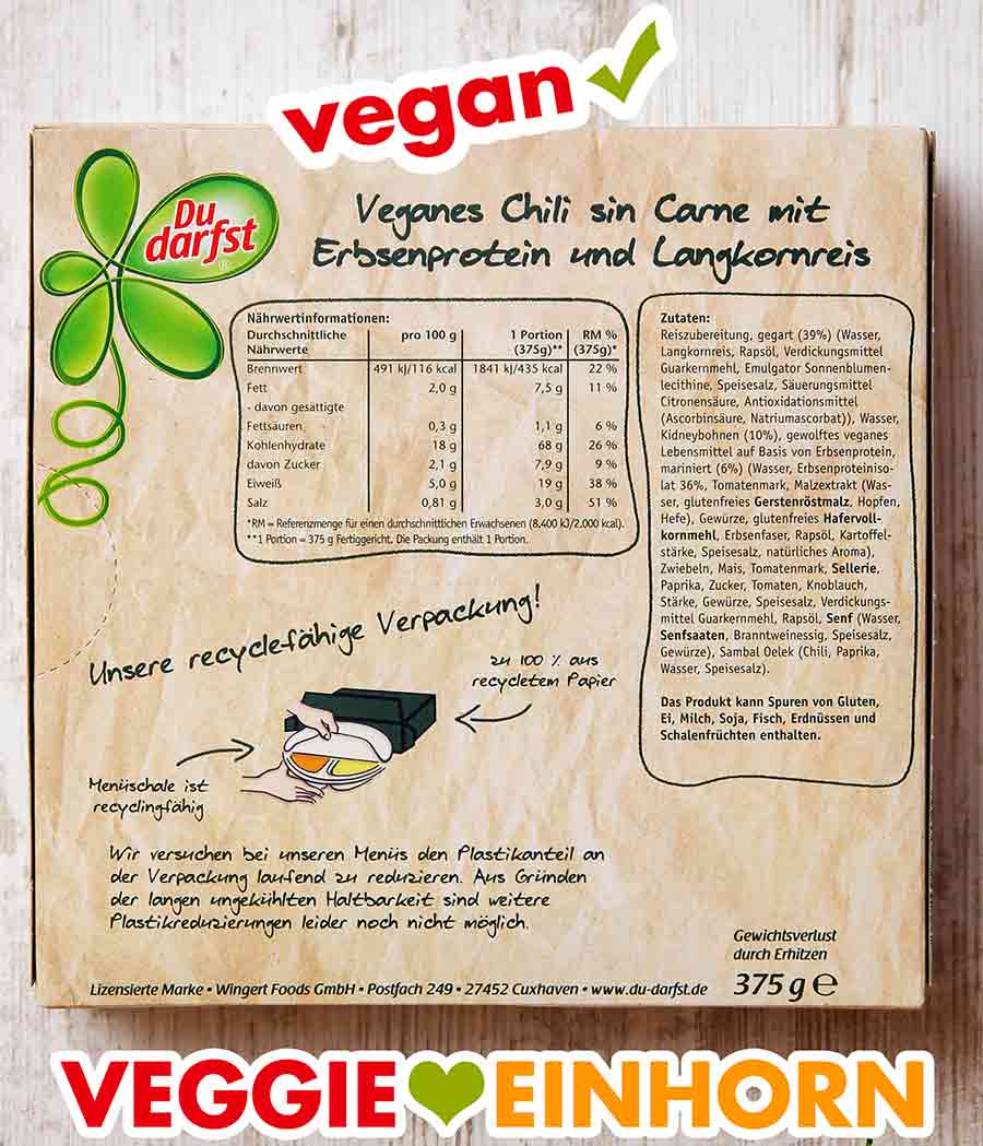 Rückseite der Verpackung des veganen Chili sin Carne von Du Darfst