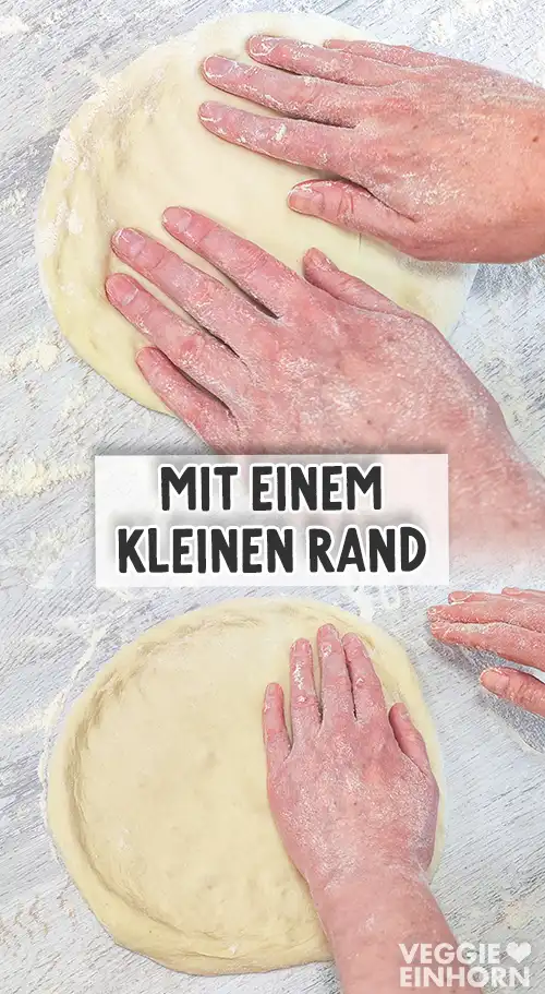 Zwei Hände formen aus dem Teig einen runden Pizzaboden auf einer bemehlten Fläche, dabei entsteht ein kleiner Rand.