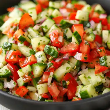 Nahaufnahme von Salat mit Tomaten, Gurke und roten Zwiebeln.