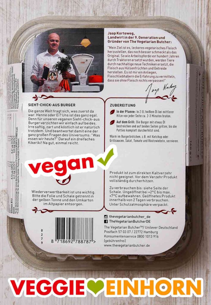 Rückseite der Verpackung der veganen Chicken Burger von The Vegetarian Butcher